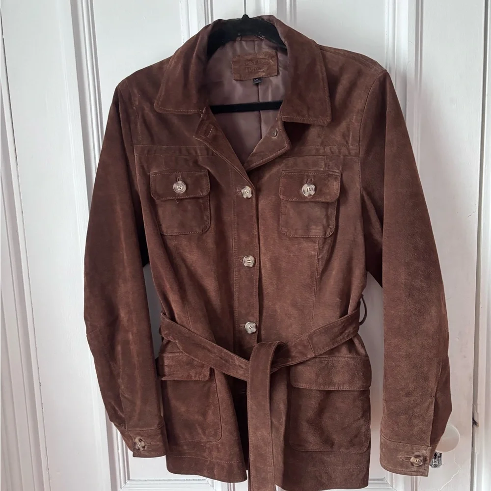 Women’s Vintage Denver Hayes Brown Suede Belted Buttoned Safari Jacket Large - Picture 1 of 12